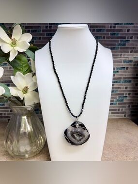 Statement black and silver druzy geode and Swarovski crystals necklace